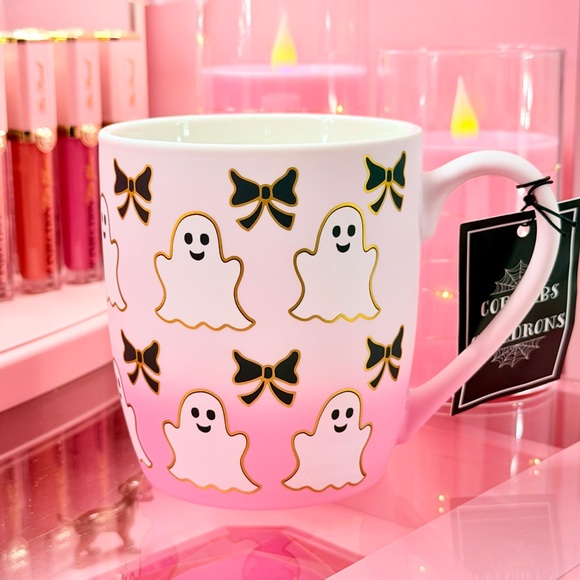 Ghosts & Bows Coquette Matte Pink Coffee Cup Halloween Mug Girly Ghosts - Picture 1 of 3